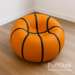 Puff em formato de bola de basquete laranja com detalhes pretos, decorativo e confortável – PuffStok Móveis & Decoração.