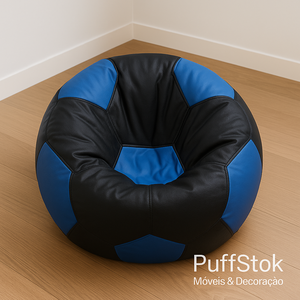 Puff em formato de bola de futebol azul e preto, estofado em couro sintético, decorativo e confortável – PuffStok Móveis & Decoração.