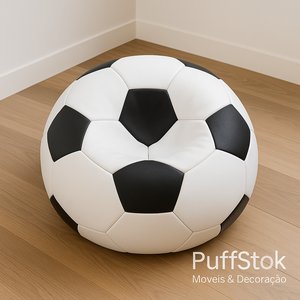 Puff em formato de bola de futebol, decorativo e confortável, ideal para salas modernas, quartos e áreas de lazer – PuffStok Móveis & Decoração.