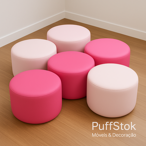 Puff redondo rosa e rosa claro em couro sintético, decorativo e confortável – PuffStok Móveis & Decoração.