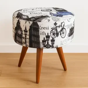 Puffs Direto da Fábrica pé palito com estampa vintage preto e azul, pés de madeira, acabamento reforçado, fabricante em São Paulo mas com entrega para todo Brasil