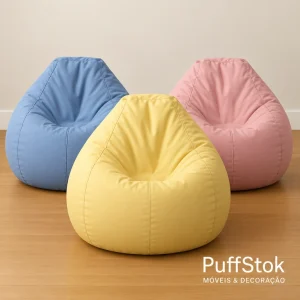 puff pera de isopor - com topo achatado em cores claras azul, amarelo e rosa.