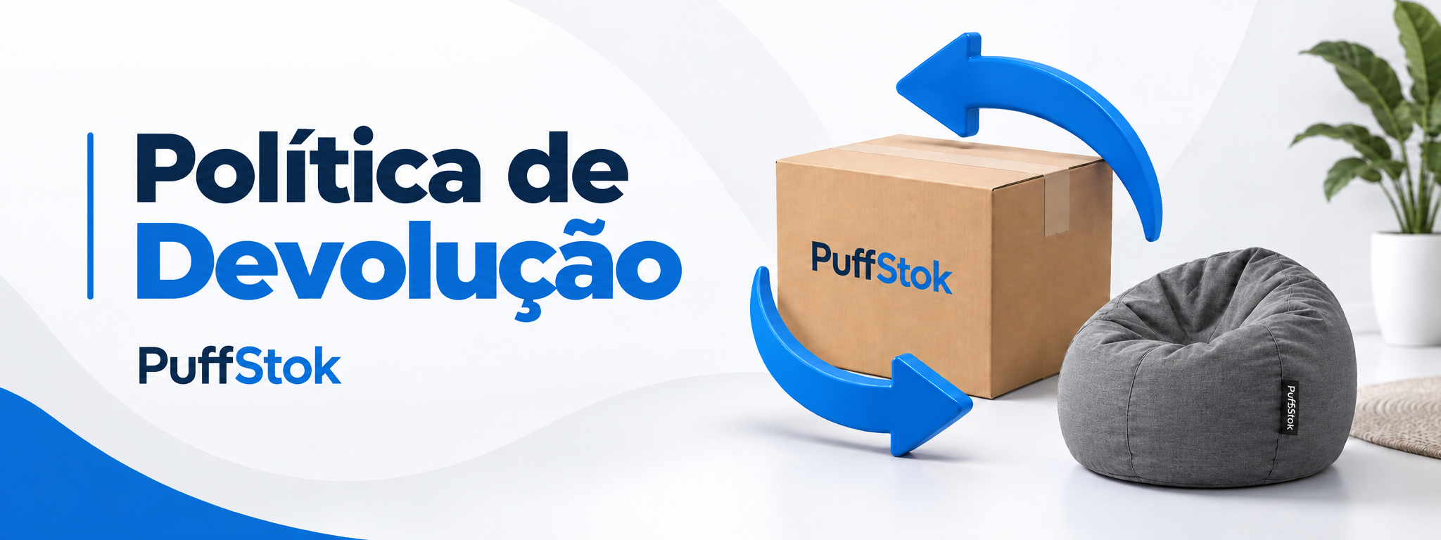política de devolução PuffStok com puff cinza, caixa e setas azuis.